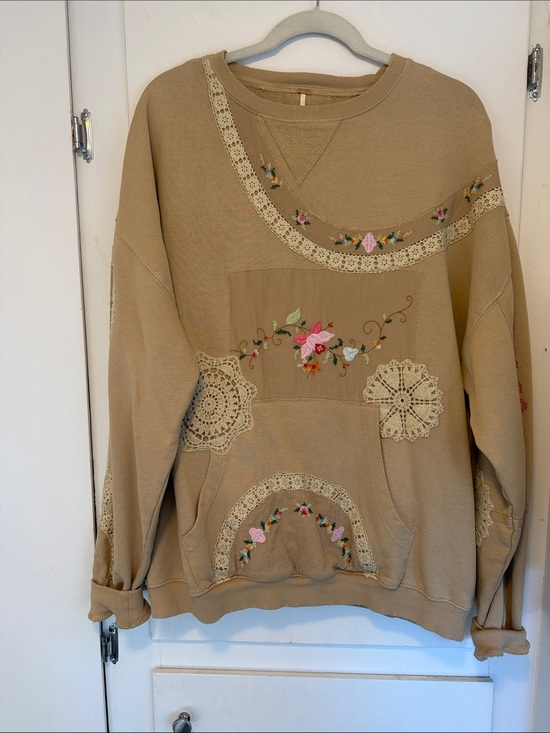 Free People Sweaters - Free People Beige Embroidered Crochet Accent Crewneck Sweater